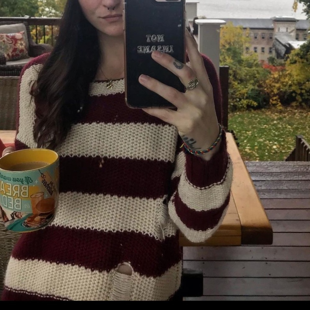 Olive & oak destroyed stripped sweater M